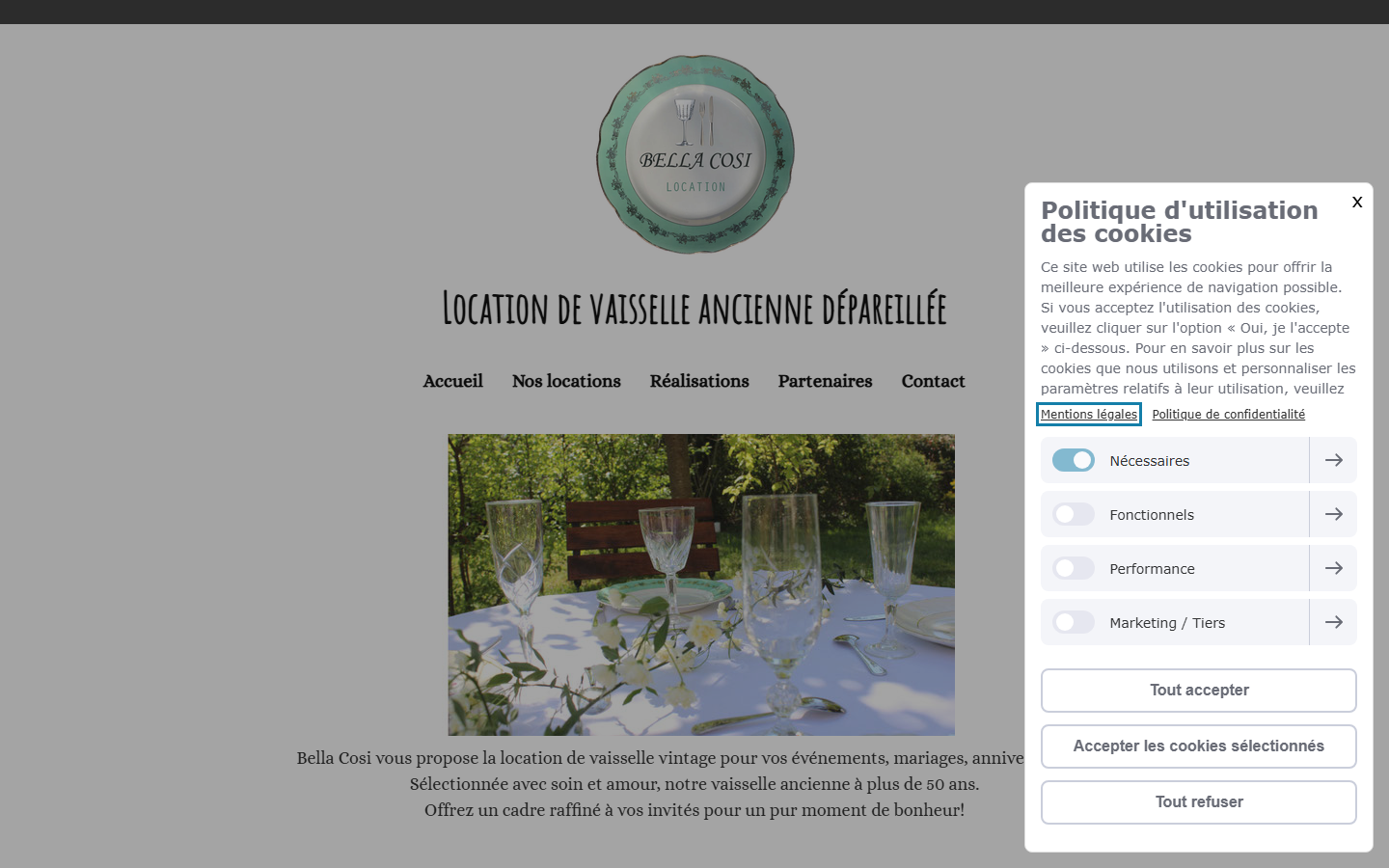 Capture du site officiel de Bella Cosi Location vaisselle vintage