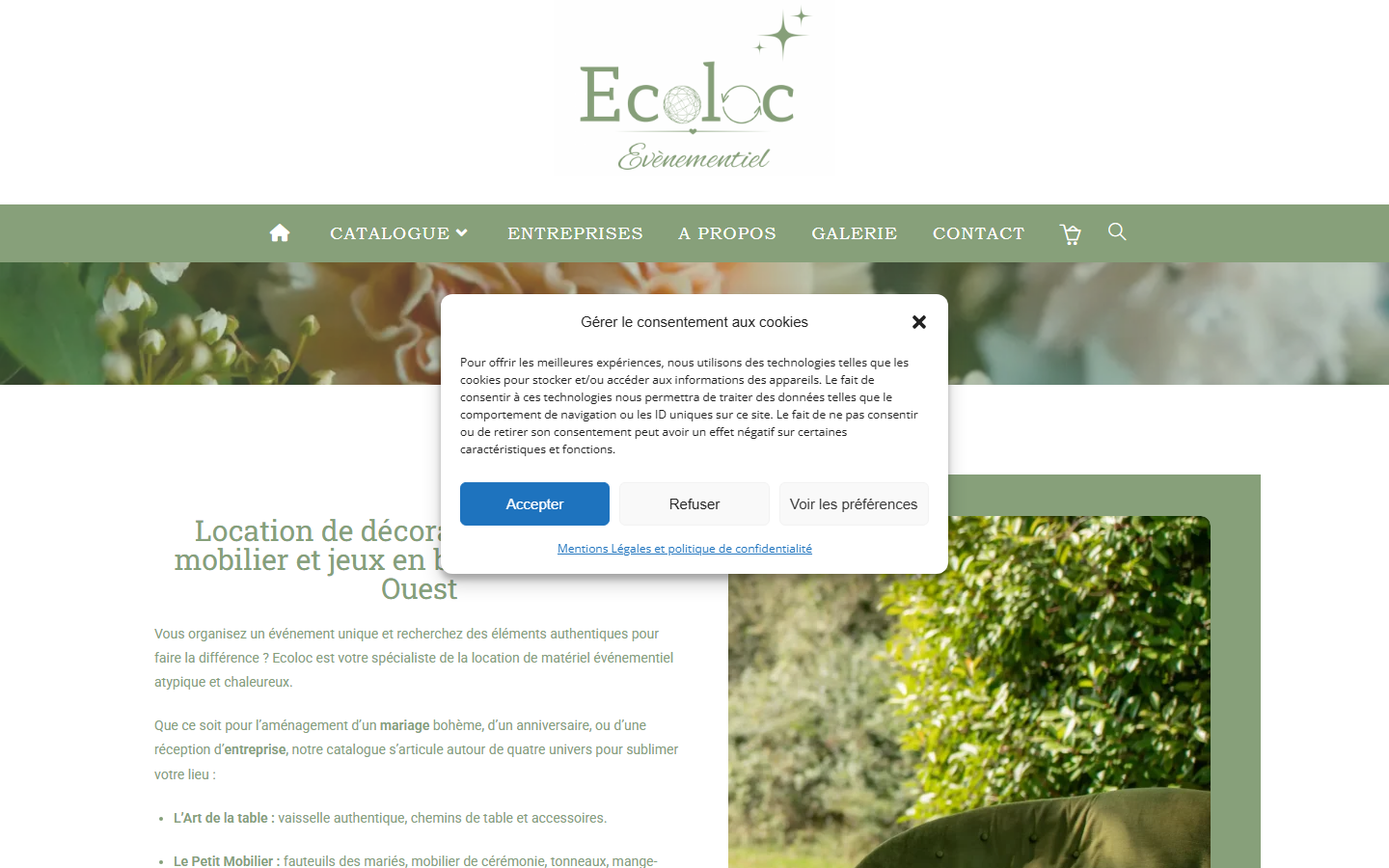 Capture du site officiel de Ecoloc Evènementiel