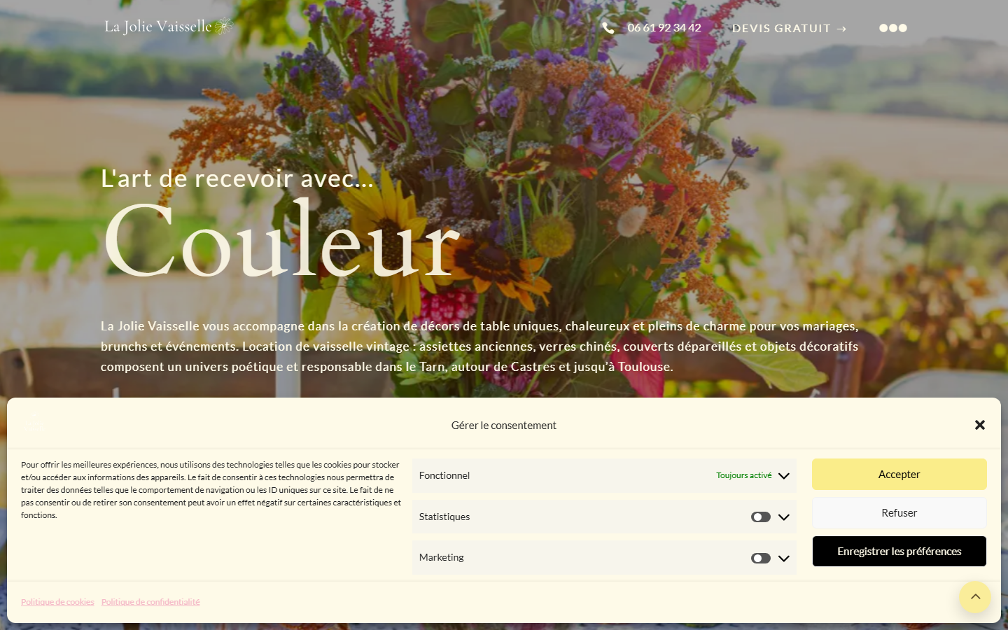 Capture du site officiel de La Jolie Vaisselle 81 et 31 | Location de vaisselle vintage & Petit mobilier