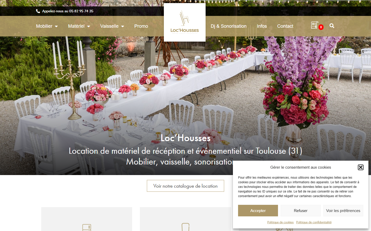 Capture du site officiel de Loc'housses - Location de matériel de réception - mobilier - Vaisselle