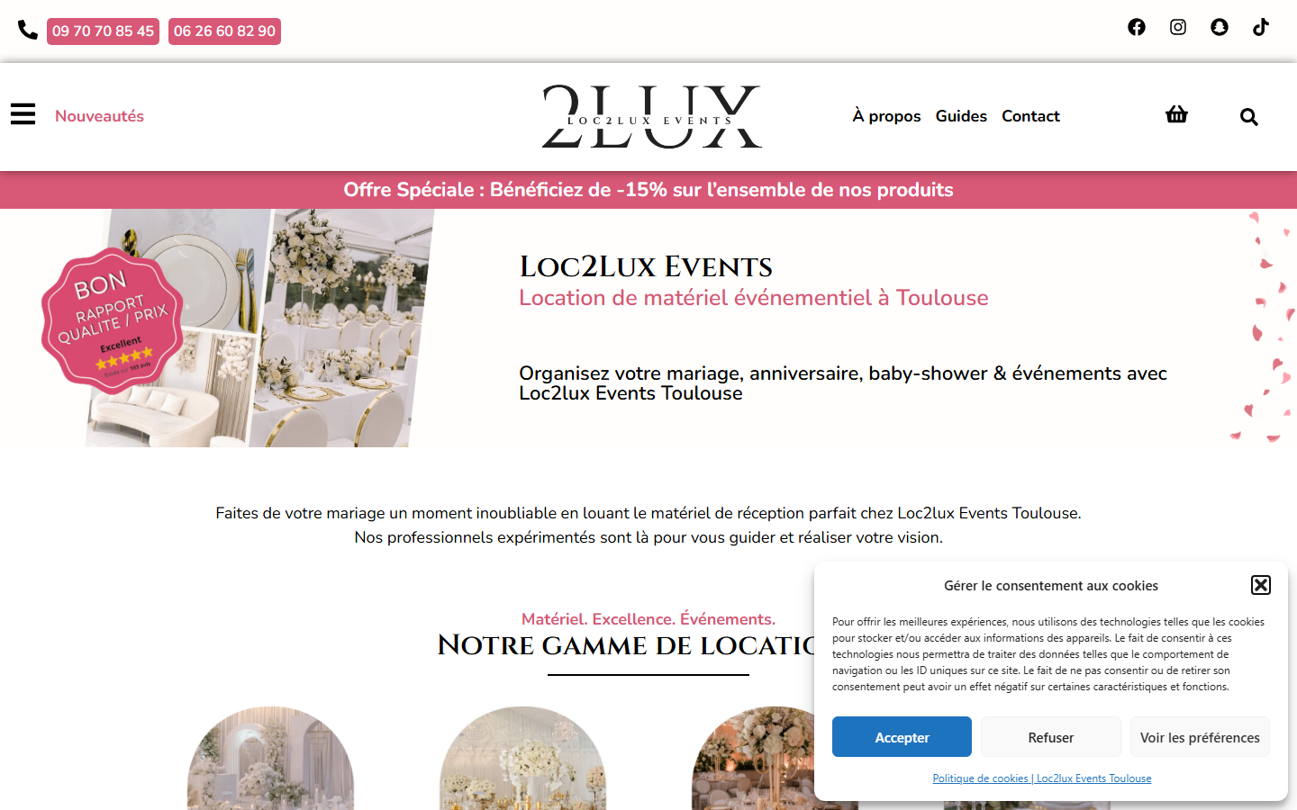 Capture du site officiel de Loc2lux Events - Location Matériels pour évènements ( Mariage, Baby shower, Fêtes privés... )