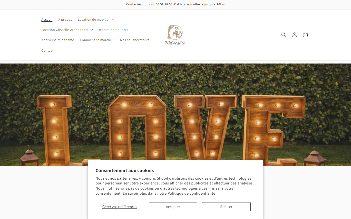 Capture du site officiel de Mél'ocation-Location vaisselle & mobilier Ariège