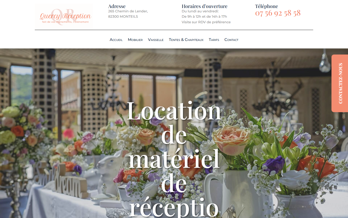 Capture du site officiel de Quercy Réception, Location de matériel de réception
