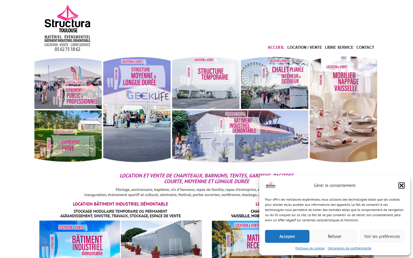 Capture du site officiel de Structura - Location de chapiteaux, barnums, tentes, mobilier, vaisselle, nappage, parquet