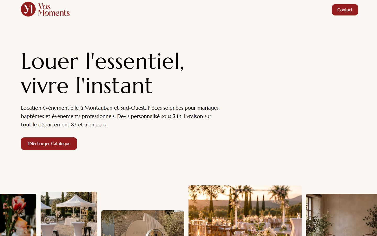 Capture du site officiel de Vos Moments - Location vaisselle, mobilier, photobooth...